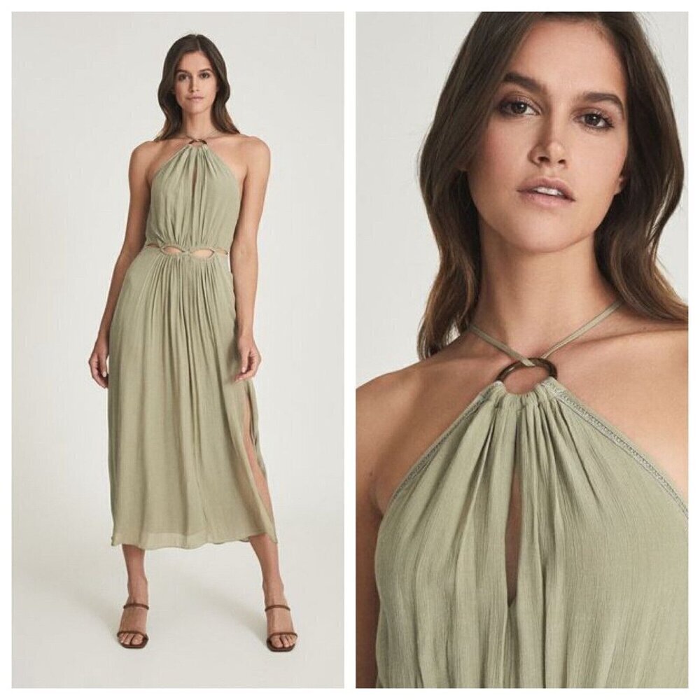 Reiss Marta Dress Size 6 Khaki Green Resortwear Midi Halter Cut Out Beachy